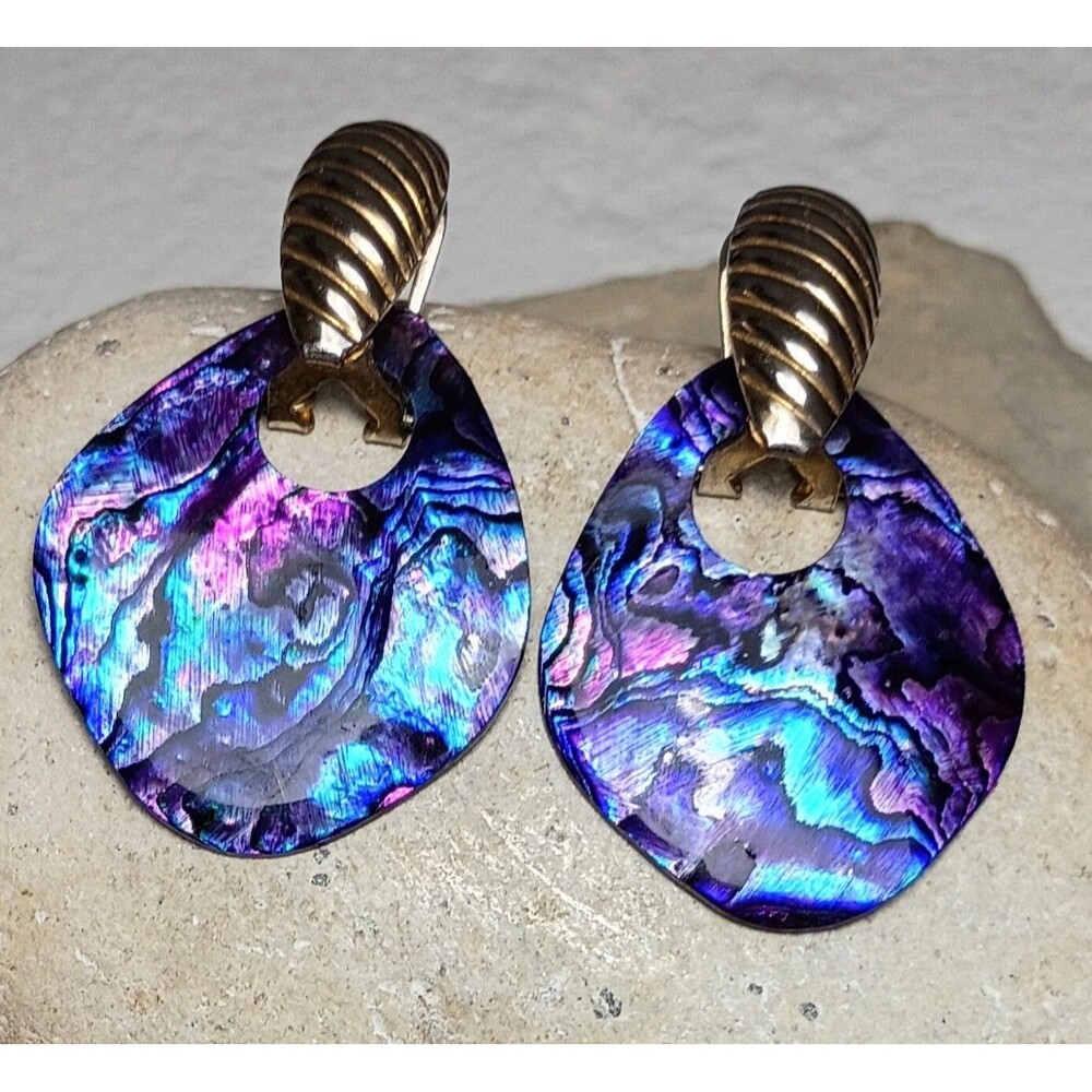Vintage Abalone Shell Silver tone Door Knocker Earrings